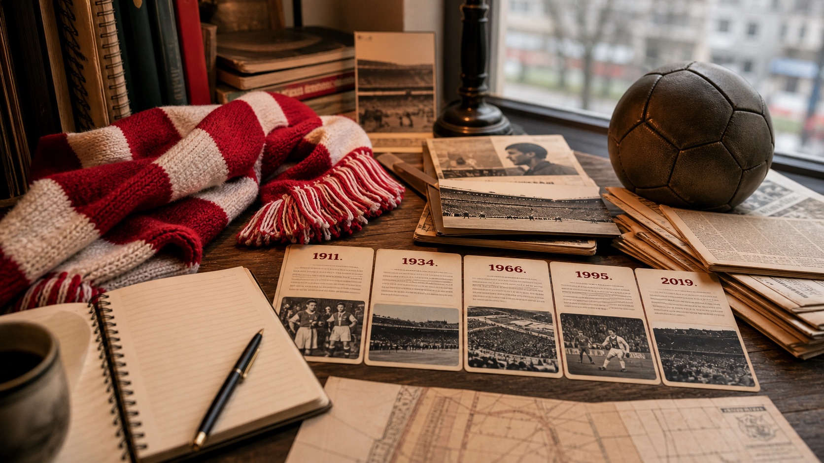 Ajaxpedia historiebeeld met rood-witte sjaal en tijdlijnkaarten