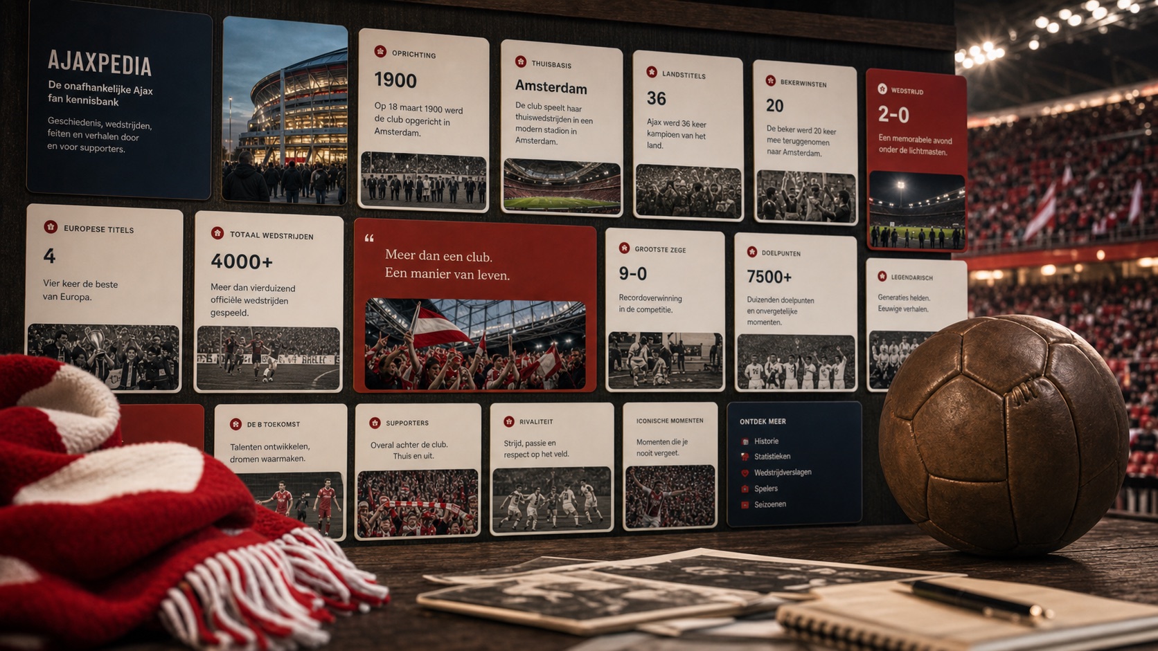 Ajaxpedia kennisbord met kaarten, sjaal en voetbalhistorie