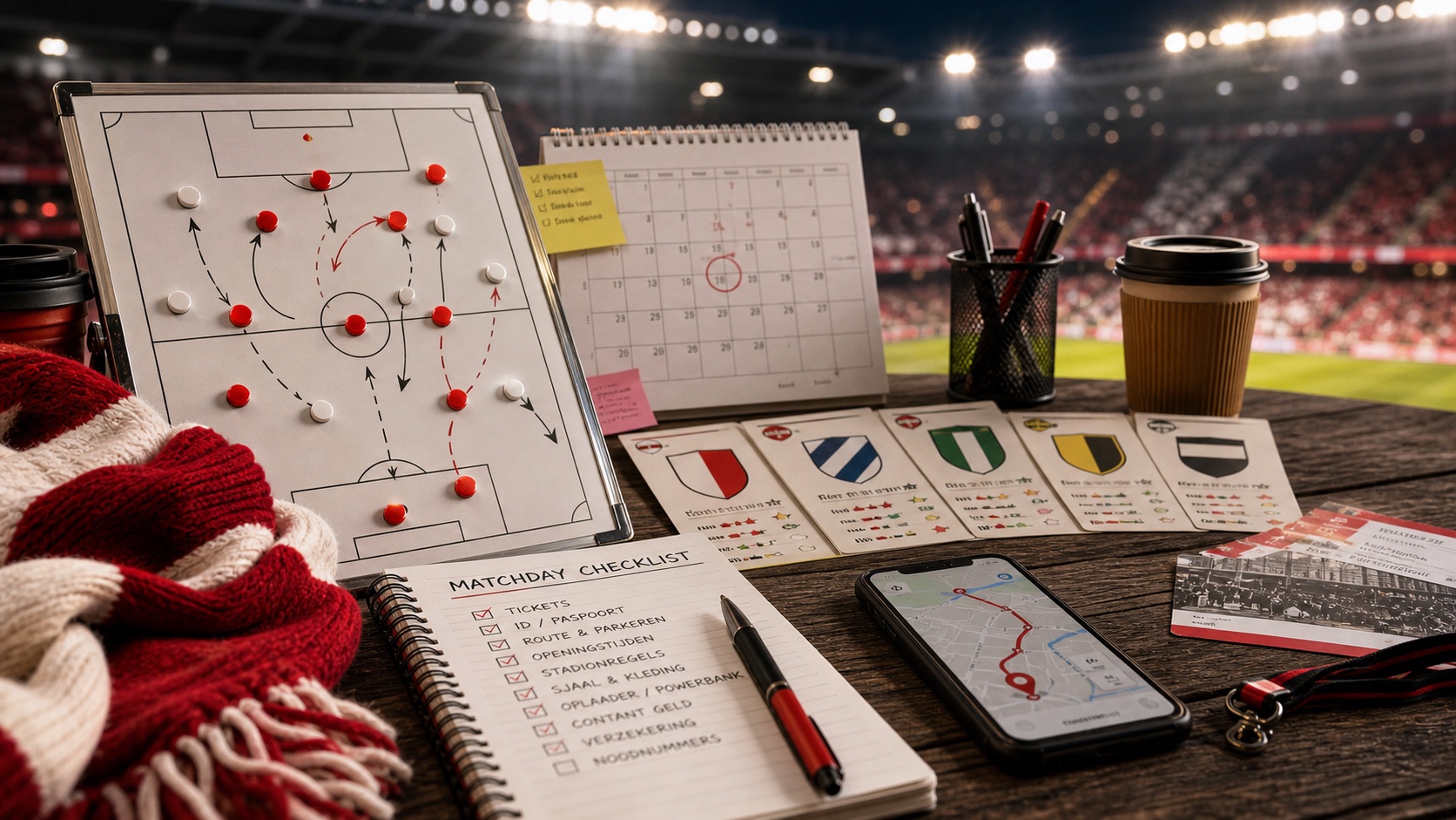 Wedstrijddag planning met tactiekbord, kalender, sjaal en routekaart