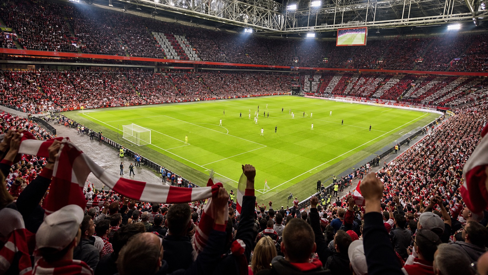 Rood-witte supporterssfeer in een modern voetbalstadion