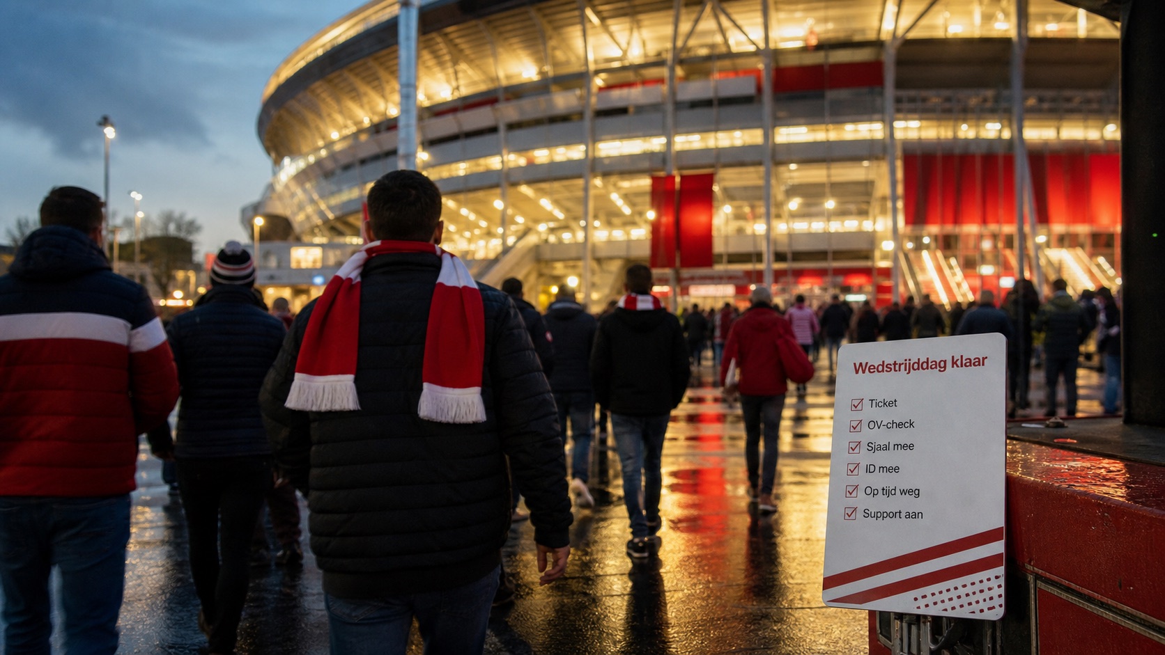 Supporters lopen met rood-witte sjaals richting een modern stadion op wedstrijddag