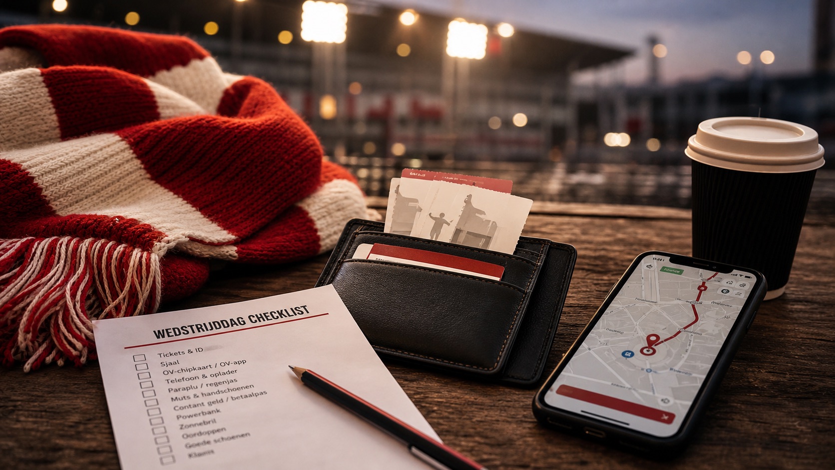 Supporter checklist, rood-witte sjaal en route op telefoon