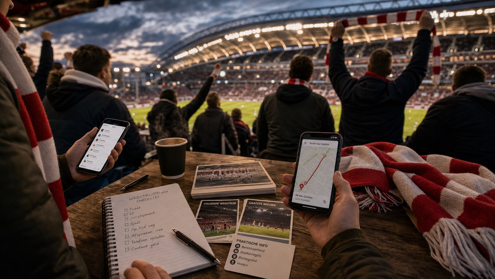 Supporters met rood-witte sjaals gebruiken een wedstrijddag checklist in het stadion